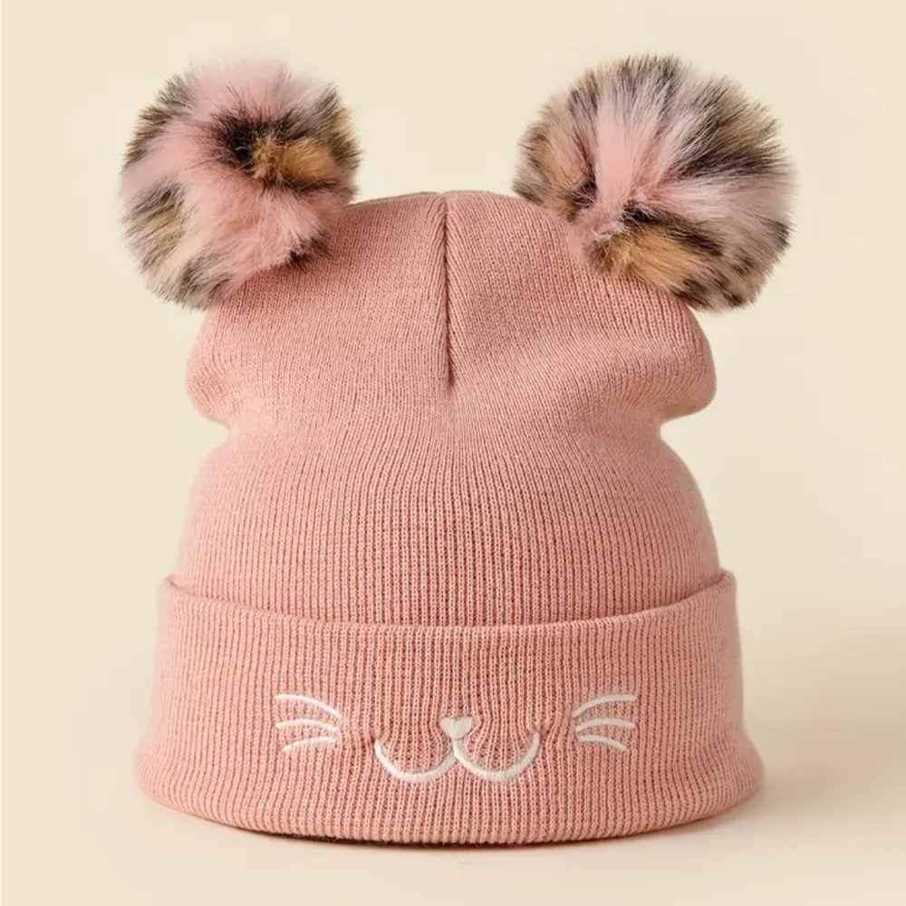Pink Cat Embroidered Knit Winter Beanie - Picture 1 of 1